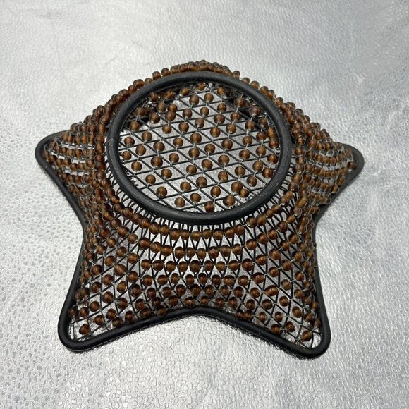 Christmas Star Basket Black Metal Wire Brown Beaded Bread Bowl Centerpiece Boho - Picture 5 of 9